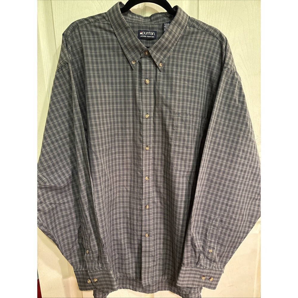 Puritan Men 3XL Long Sleeve Shirt Gray Plaid Button Down Wrinkle Resistant